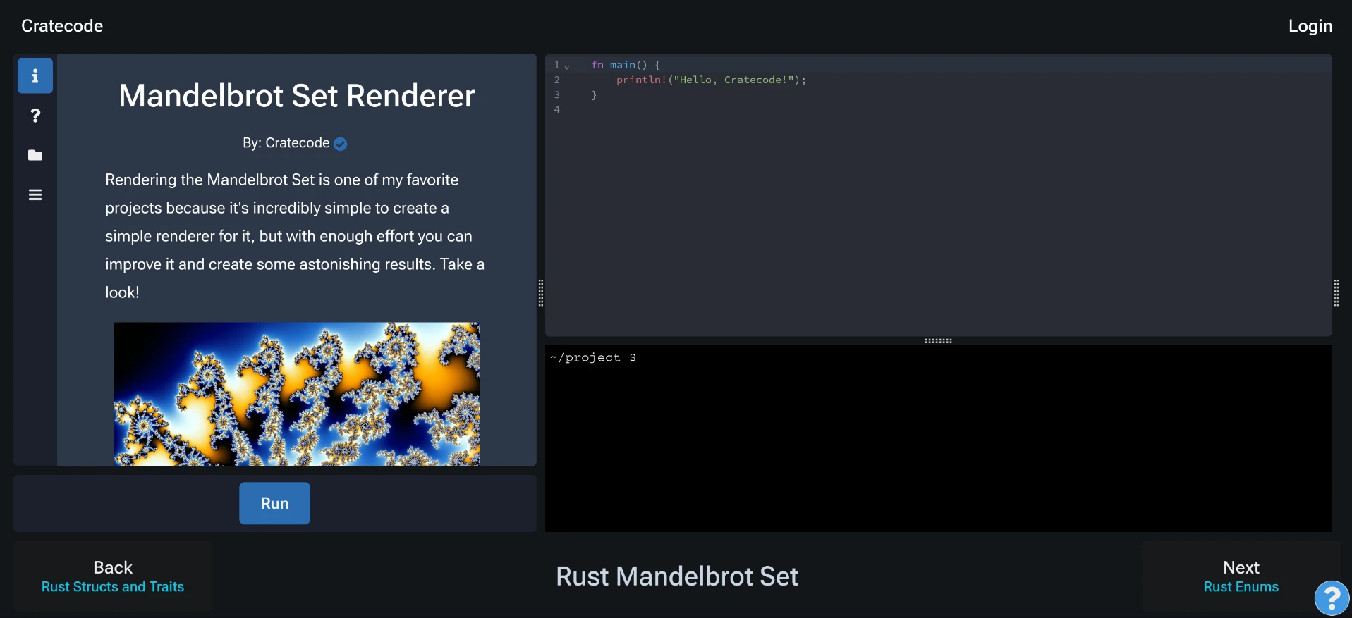 An image of Cratecode's "Rust Mandelbrot Set" lesson.